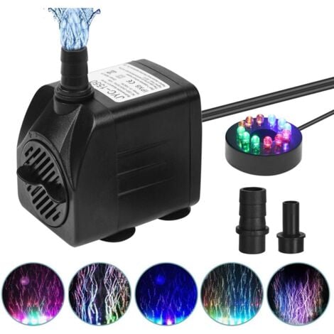 Pompe Eau Submersible, 800L/H 15W Aquarium Pompe avec 12 Couleur LED Ajustable Ultra-Silencieux avec 4 Pieds de Ventouses et 2 Buses Câble 1.8m pour Aquarium, étang, Fontaine, Jardin