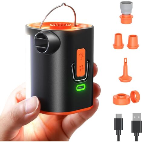 Pompe Matelas Gonflable Mini avec Lampe de Camping, 4,8 kPa Rechargeable Gonfleur Matelas Gonflable avec 3600 mAh Batterie, 6 Buses pour Coussins Gonflables, Cercle de Natation, Sac sous Vide