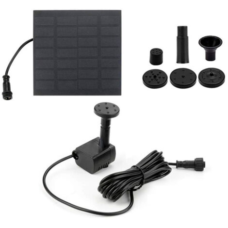Pompe solaire pour fontaine avec 4 buses et câble de raccordement de 3 mètres. Idéale pour abreuvoir à oiseaux, bassin, jardin ou piscine.