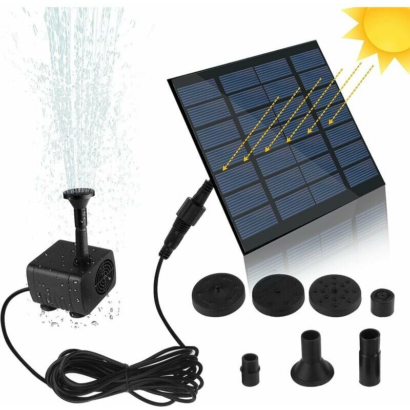 Pompe solaire pour fontaine, pompe à eau avec panneau solaire monocristallin 1,2 w pour bassin de jardin, bassin de poisson, petit bassin, Noir