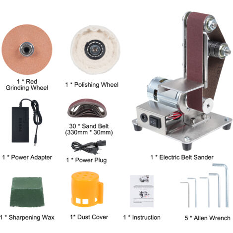 Ponceuse à bande électrique réglage à 7 vitesses Mini ponçage multifonctionnel polissage rectifieuse avec 10 courroies 30330mm 1 pièces cire d'affûtage de roue rouge