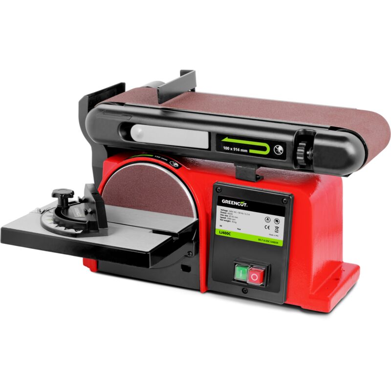 Ponceuse à bande, puissance 400W, vitesse bande 7,35m/s, inclinaison ceinture jusqu'à 90º, table à disque inclinable jusqu'à 45º Greencut LJ400C