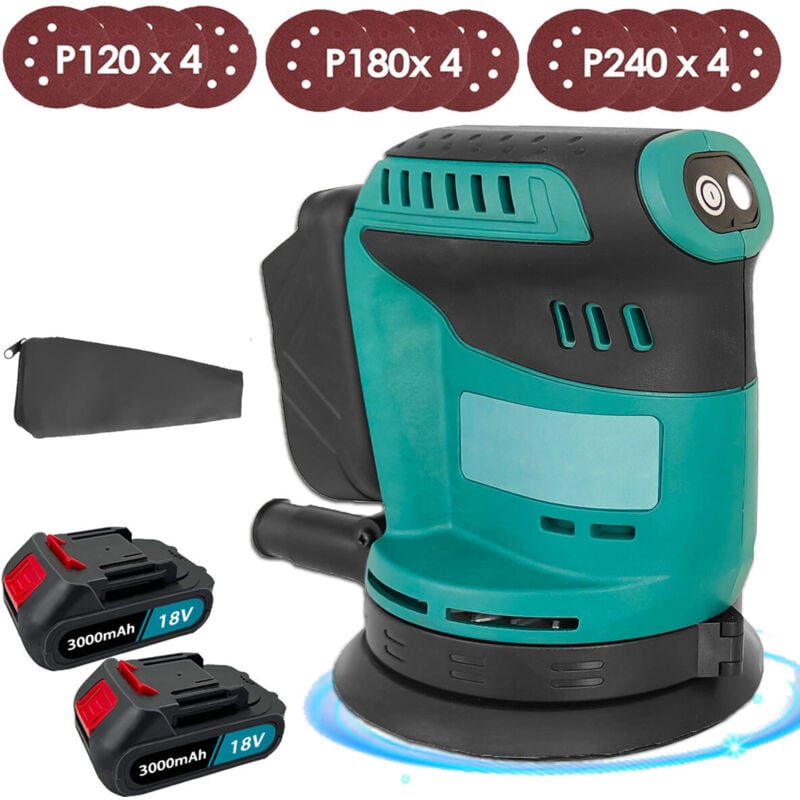 Ponceuse à orbite aléatoire sans fil de 12,7 cm, 6 vitesses, meuleuse à bois pour voiture électrique, sac à poussière, 12 disques de ponçage, 2x