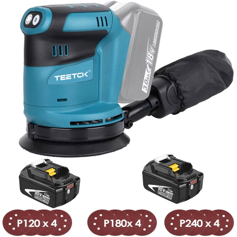 Ponceuse orbitale aléatoire sans fil,Sans balais,ponceuse 18V ø 125mm, Compatible avec la batterie Makita, 6 vitesses avec sac à poussière&papier de