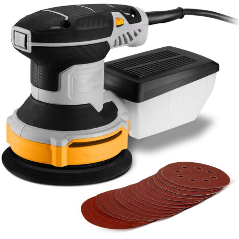 Ponceuse excentrique 300 W – Vitesse 14000 tr/min – Plateau 125 mm – 16 papiers verre – Récupérateur poussière – Jaune