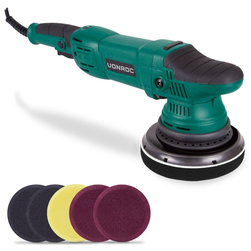 Polisseuse excentrique 150mm 1050W. Meule d'appui et 7 éponges incluses