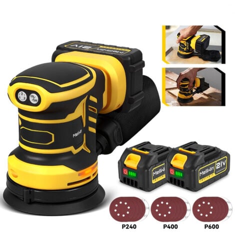 ONEVAN Ponceuse excentrique sans fil 125mm，3 vitesses，Livré avec 15 feuilles abrasives et 2 batteries