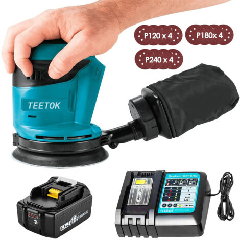 Ponceuse excentrique,Sans balais,Compatible avec la batterie Makita, ponceuse orbitale aléatoire Machine de polissage  18V Ø125mm avec sac à poussière et 12 disques + 1x batterie 5.5A + 1x chargeur DC