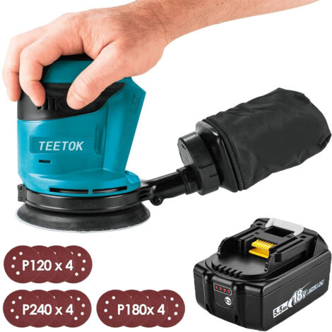 Ponceuse excentrique,Sans balais,Compatible avec la batterie Makita ponceuse orbitale aléatoire Machine de polissage 18V Ø125mm avec sac à poussière et 12 disques + 1xBatterie (pas de chargeur)
