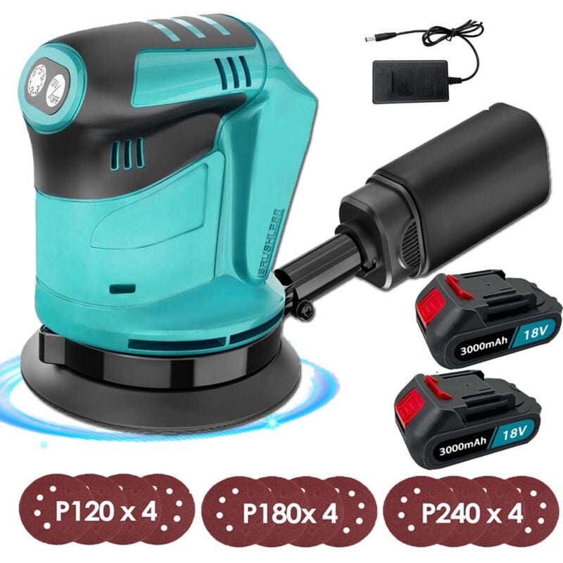 Ponceuse orbitale aléatoire sans fil 5 pouces, 3 vitesses réglables, avec sac à poussière, 12 disques (120 mm/180 mm/240 mm), 2 batteries 5500 mAH +