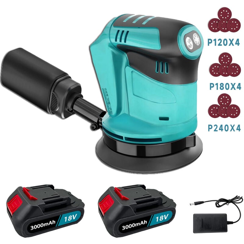 Ponceuse orbitale aléatoire sans fil et sans balais, outil de meulage et de polissage, 3 réglables, 125 mm, 12 disques (120/180/240mm), 2 batteries