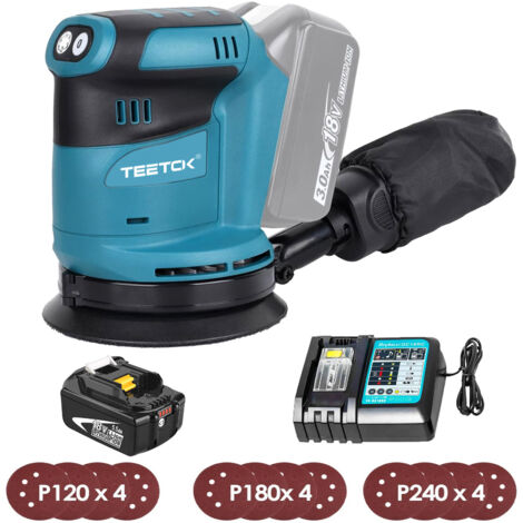 Ponceuse orbitale aléatoire sans fil,Sans balais,ponceuse 18V Ø 125mm, Compatible avec la batterie Makita, 6 vitesses avec sac à poussière & papier de verre 12PCS + 1x 5.5Ah batterie +1 chargeur