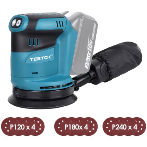 TEETOK Ponceuse orbitale aléatoire sans fil,Sans balais,ponceuse 18V Ø 125mm, Compatible avec la batterie Makita, avec papier de verre 12PCS，6 vitesses avec sac à poussière (batterie et chargeur non inclus)