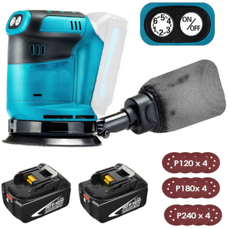 Ponceuse orbitale électrique sans fil 125 mm, sans balais, 6 vitesses, sac à poussière à fixation rapide et 12 disques abrasifs, avec 2 batteries 5,5 A (sans chargeur), compatible avec batterie Makita