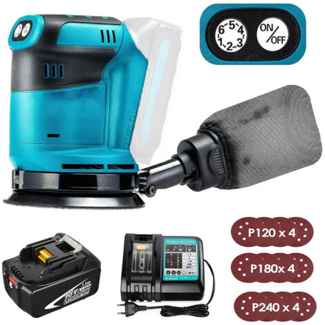 Ponceuse orbitale électrique sans fil 125 mm, sans balais, 6 vitesses, sac à poussière à fixation rapide et 12 disques abrasifs, avec batterie 5,5 A et chargeur DC18RC, compatible avec batterie Makita
