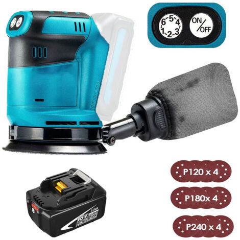 Ponceuse orbitale électrique sans fil 125 mm, sans balais, 6 vitesses, sac à poussière à fixation rapide et 12 disques abrasifs, avec batterie 5,5 A (sans chargeur), compatible avec batterie Makita