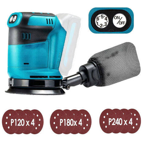 Ponceuse orbitale électrique sans fil 125 mm, sans balais, 6 vitesses, sac à poussière à fixation rapide et 12 disques abrasifs, (sans batterie), compatible avec batterie Makita
