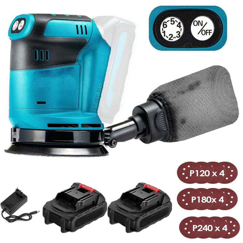 Ponceuse orbitale électrique sans fil 125 mm, sans balais, 6 vitesses, sac à poussière à fixation rapide et 12 disques, avec 2 batteries 3,0 a et