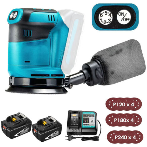 Ponceuse orbitale électrique sans fil 125 mm, sans balais, 6 vitesses, sac à poussière à fixation rapide et 12 disques, avec 2 batteries 5,5 A et chargeur DC18RC, compatible avec batterie Makita