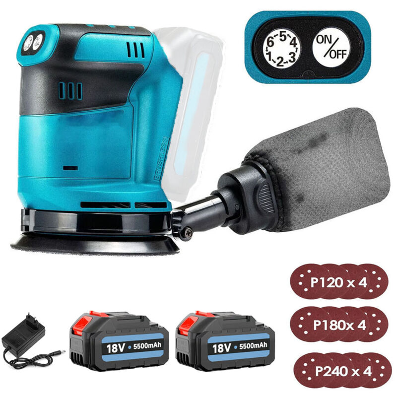 Ponceuse orbitale électrique sans fil 125 mm, sans balais, 6 vitesses, sac à poussière à fixation rapide et 12 disques, avec 2 batteries et chargeur