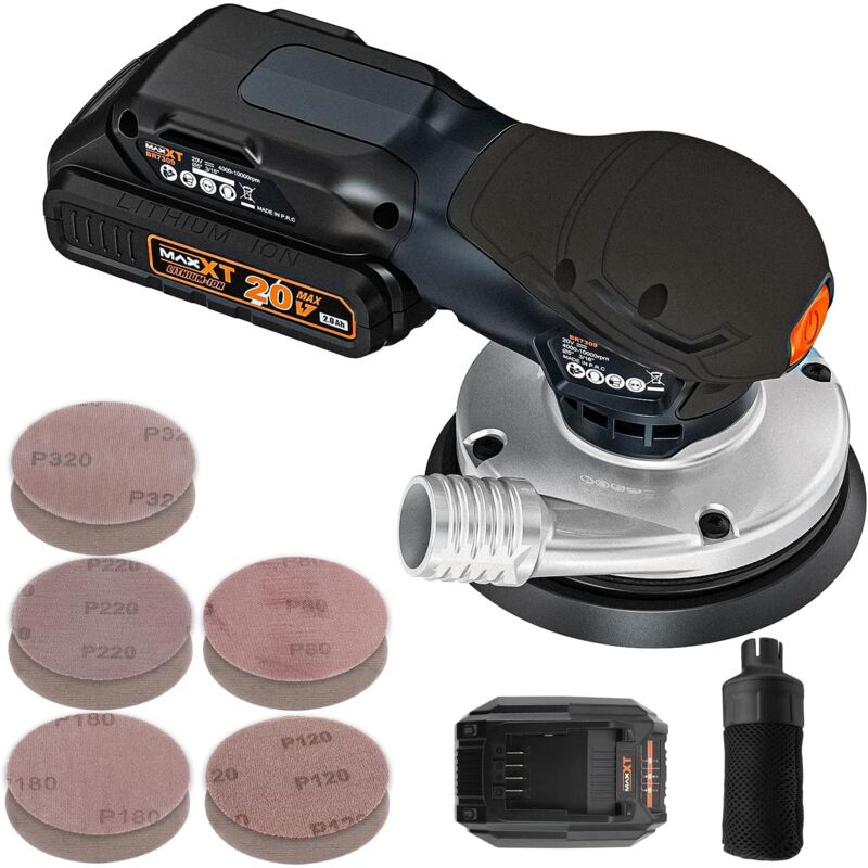 Maxxt - 5.0mm Ponceuse excentrique sans balais - sans fil, batterie lithium-ion 20V (2.0Ah), vitesse variable 4000-10000 tr/min, 10 disques de