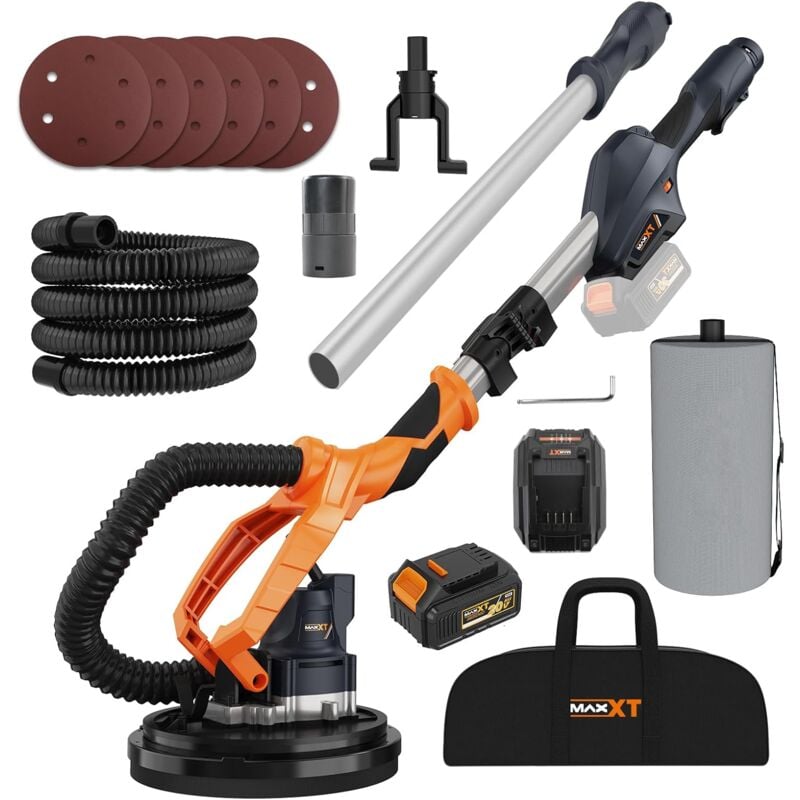 Maxxt - Ponceuse à cloisons sèches avec aspirateur, électrique sans balais, 7 télescopes pliables, vitesse variable, pour plafonds en pop-corn, 20V