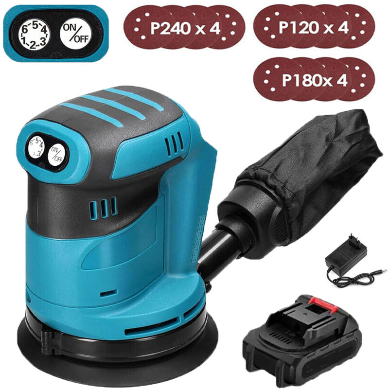 Ponceuse orbitale, excentrique,Ponceuse orbitale aléatoire sans fil 125 mm,Sans balais, avec 12 papiers abrasifs et sac à poussière +1x batterie 3,0A
