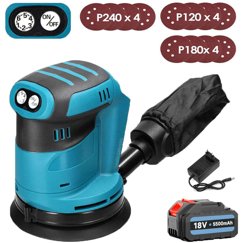 Ponceuse orbitale, excentrique,Ponceuse orbitale aléatoire sans fil 125 mm,Sans balais, avec 12 papiers abrasifs et sac à poussière +1x batterie 5,5A