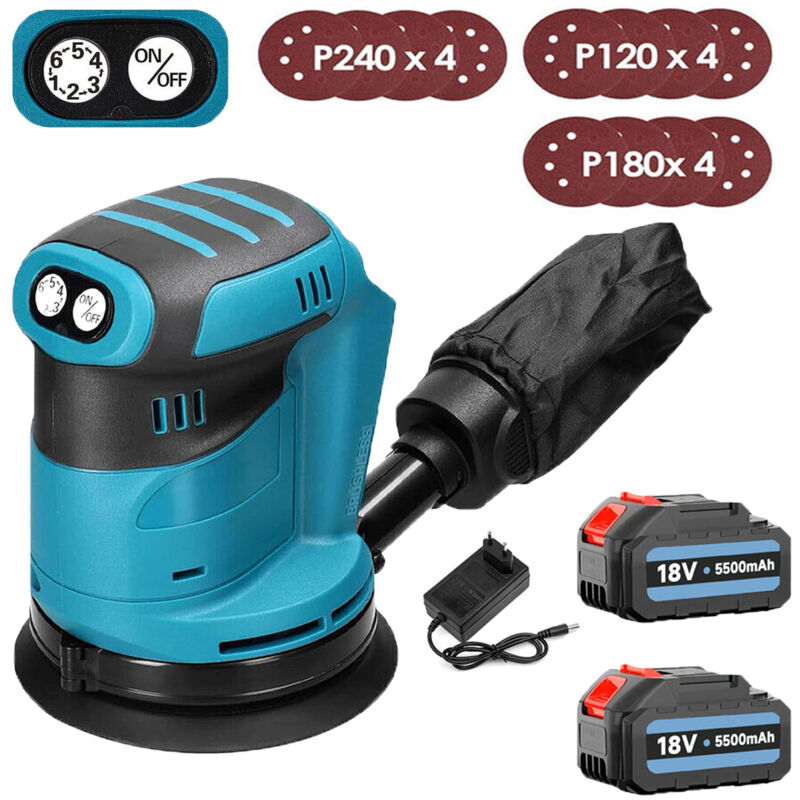 Ponceuse orbitale, excentrique,Ponceuse orbitale aléatoire sans fil 125 mm,Sans balais, avec 12 papiers abrasifs et sac à poussière +2x batterie 5,5A