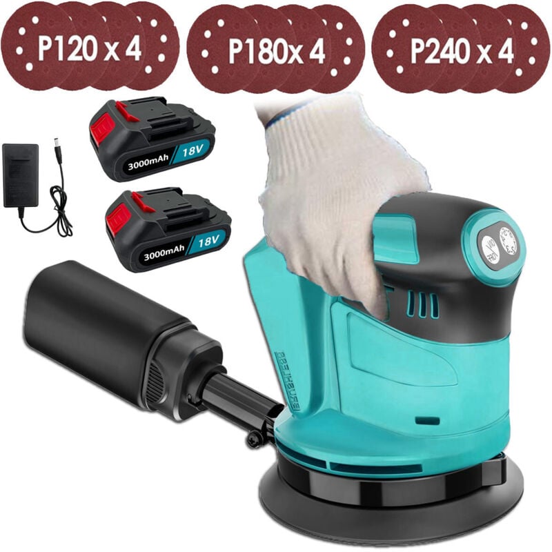 Teetok - Ponceuse orbitale aléatoire sans fil,Sans balais,ponceuse 18V ø 125mm, avec papier de verre 12PCS,6 vitesses avec sac à poussière +2x