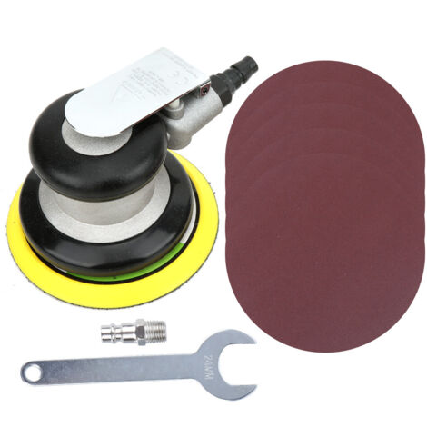 Ponceuse pneumatique 5" (125mm) avec raccords japonais et américain, idéale pour ponçage et polissage, incluant 5 disques abrasifs.