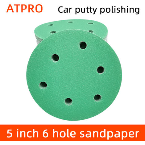 Ponceuse pneumatique ronde verte, 5 pouces, 6 trous, pour voiture, floquée, polissage, mastic, auto-adhésive, 125mm,80 grit,100 pcs,CHINA