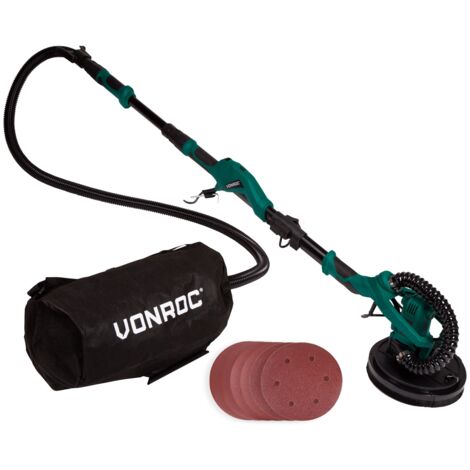 Ponceuse télescopique VONROC 1050W - Kit Professionnel Complet, 6 Papiers Abrasifs Ø225mm 2 x 60 grains, 2 x 120 grains, 2 x 240 grains Câble 4 Mètres, Tête Pivotante  Lisse