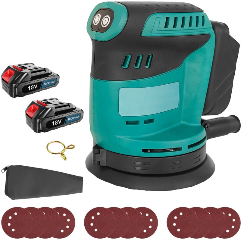 Ponceuses orbitales et orbitales aléatoires sans fil, 3 vitesses, 5', sac à poussière, 12 disques(120mm/180mm/240mm), 2 batteries 5,5 a + chargeur,