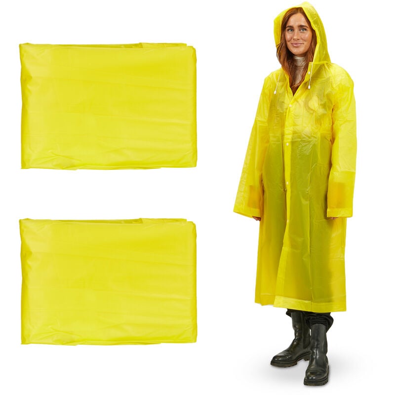 Ponchos imperméables jetables, Lot de 2, ciré avec capuche, contre la pluie, randonnée, unisexe, jaune - Relaxdays