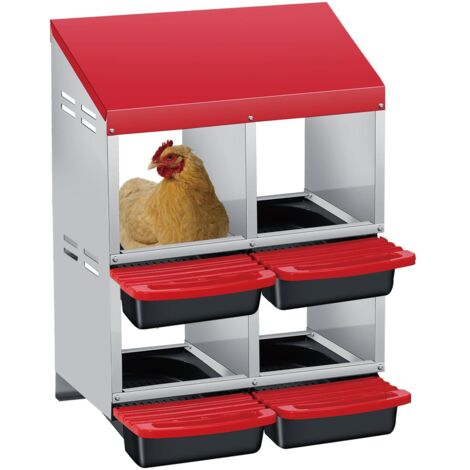 Pondoir Poules Pondeuses 4 Compartiments, Pondoir pour Poules Nichoirs avec perchoir, antirouille, Nichoir 2 Niveaux, Antirouille, Étanche, Ventilé, Rouge
