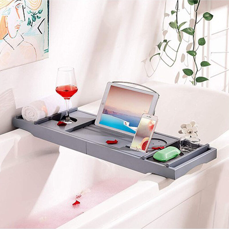 Pont bambou tablette extensible salle de bain plateau baignoire planche livre 75-105 cm gris