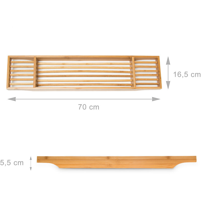 5,5 x 70 x 16,5 cm avec 3 compartiments pour le savon nature cr/ème bougie ou verre Relaxdays Pont de baignoire en bambou HxlxP