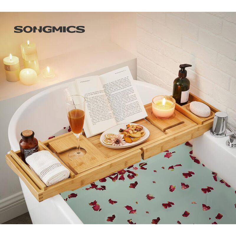 Songmics - Pont de baignoire extensible, Plateau de baignoire en bambou, avec Porte-gobelet et Porte-Savon, (75-109) x 23 x 4,5 cm, Couleur Boisée