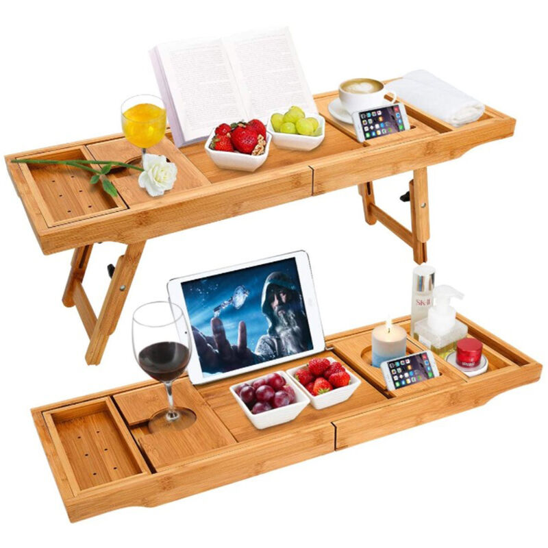 Pont de baignoire extensible plateau tablette salle de bain 2 en 1, réglable 75-109 cm, bambou, métal, polyester, 1 élément