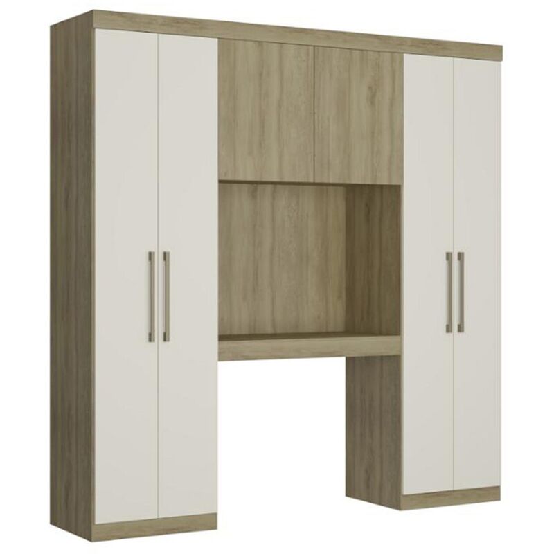 Pont de lit ANTERO II  - 6 portes - Avec armoires et rangements - L.200 cm - Ch&ecirc;ne et Ivoire