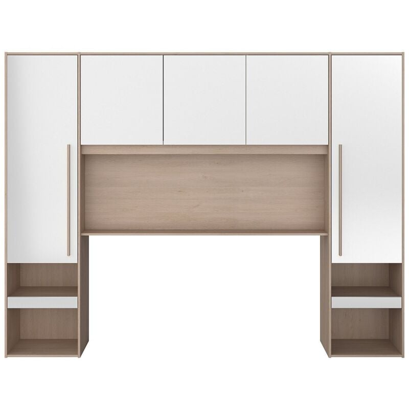 Pont de lit avec rangements - Avec LEDs - L265 cm - Coloris : Blanc brillant et naturel - velona