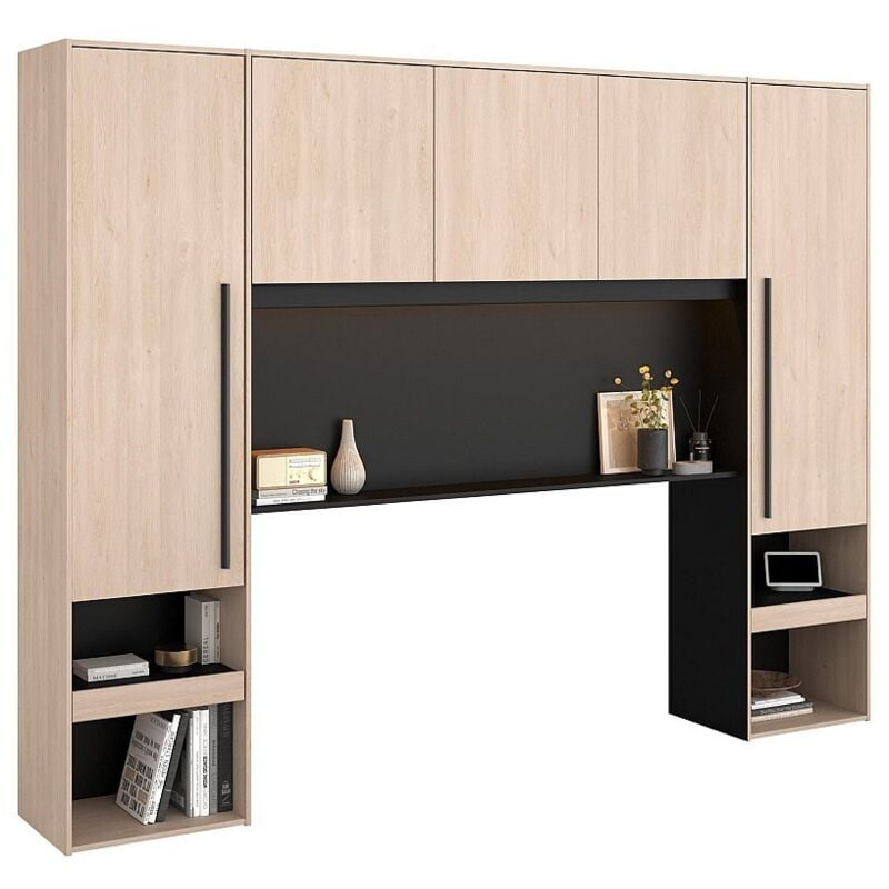 Pont de lit avec rangements - Avec LEDs - L265 cm - Coloris : Naturel et noir - velona