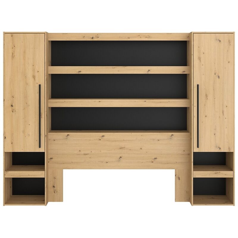 Pont de lit avec rangements et LEDs - L269 cm - Coloris : Naturel et noir - VARLY