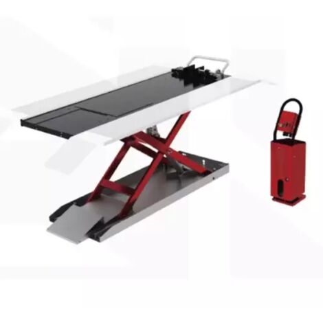 Pont moto hydraulique 600 kg – Hauteur levée 1200 mm – Longueur 2260 mm – Largeur 810 mm – Rampe d'approche incluse – LEO