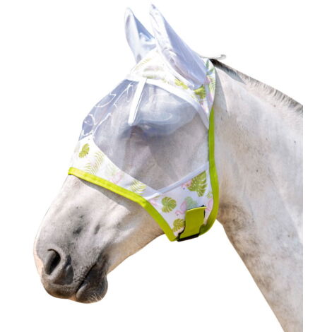 Pony, Verde e Rosa: Maschera antimosche a rete antistrappo per cavalli modello Funny Essentials Flamingo con foglie e fenicotteri rosa