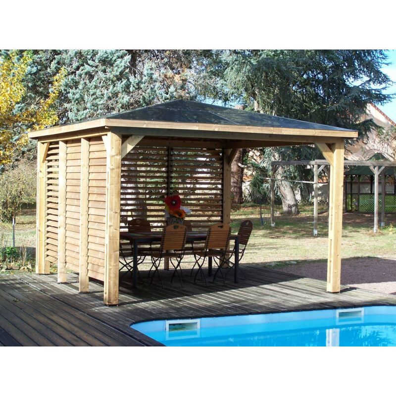 Habrita - Pool House Blueterm - Bois Thermochauffé - Toit en Panneaux acp - 2 Parois avec Ventelles Mobiles