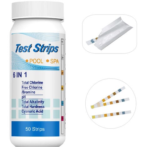 AOUGO Pool PH Lot de 50 bandelettes de test 6 en 1 pour piscine / spa / jacuzzi pH / chlore total / chlore libre / talcalité totale/acide cyanure/dureté de l'eau