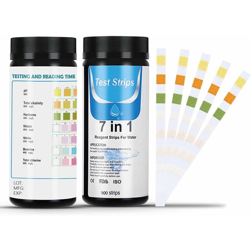 Image of Pool Test Strips, 7 in 1 Pool Test Strips, 100 Pack Water Quality Test Strips for Chlorine, Bromine, Nitrite, Nitrate, Hardness, Total Alkalinity, ph