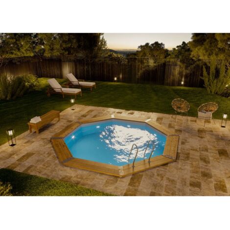 POOLCREW Holz Pool Lanzarote, Aufstellpool Ø 428 x 136 cm, Einbaupool rund inkl. Sandfilteranlage, Folie und Leiter, Schwimmbecken